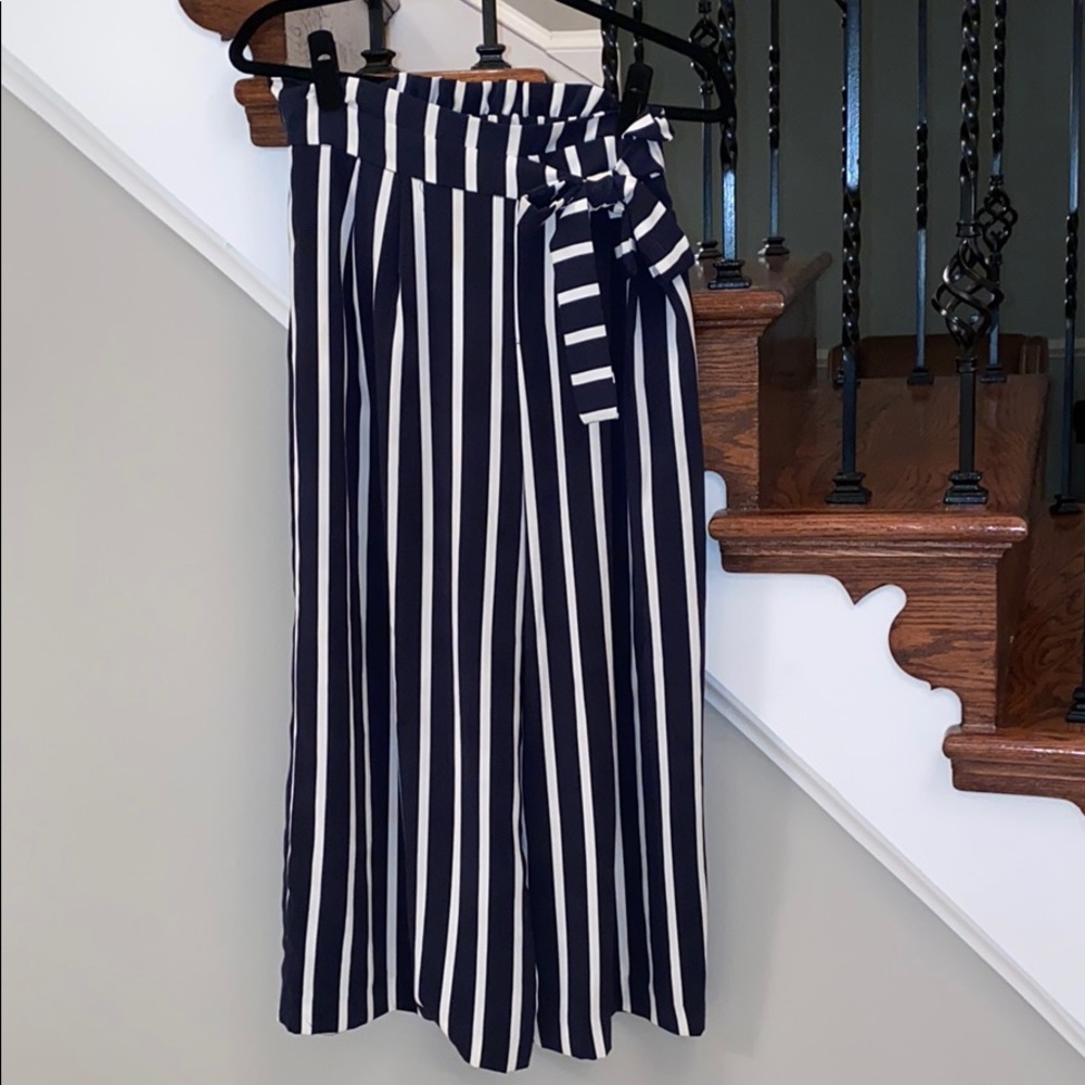 navy blue and white striped high waisted tie pants